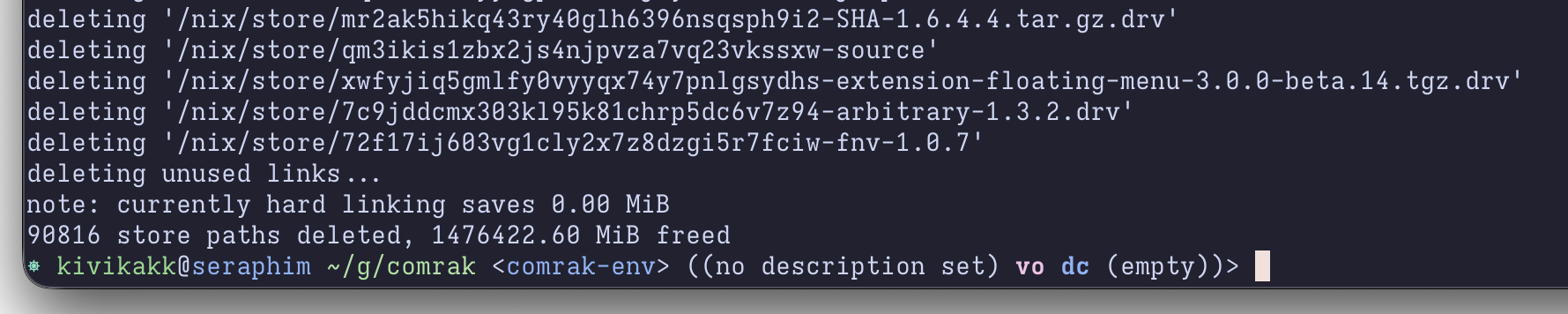 tail-end of “nix-collect-garbage” output, showing 1.5 terabytes freed