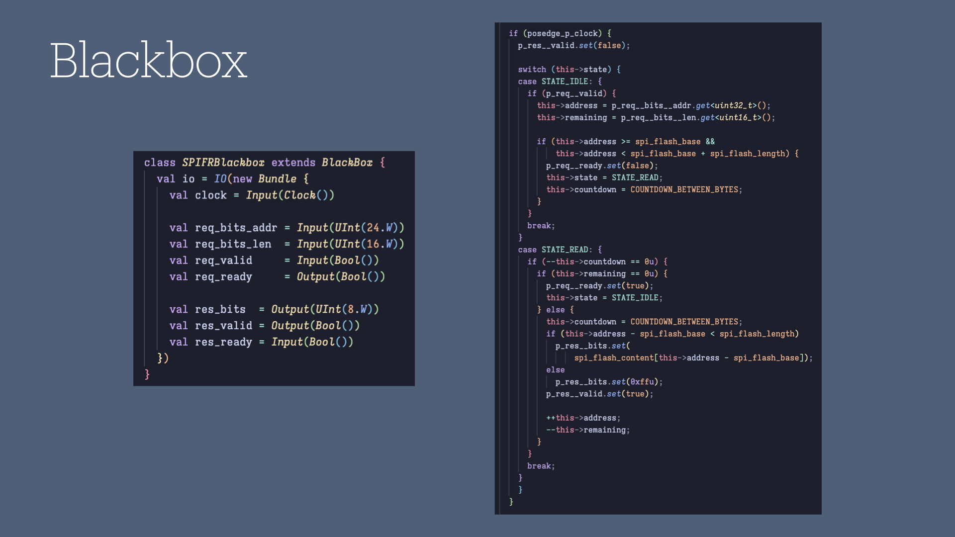 Chisel code sample that dsecribes a blackbox, and the C++ logic in its subclass.