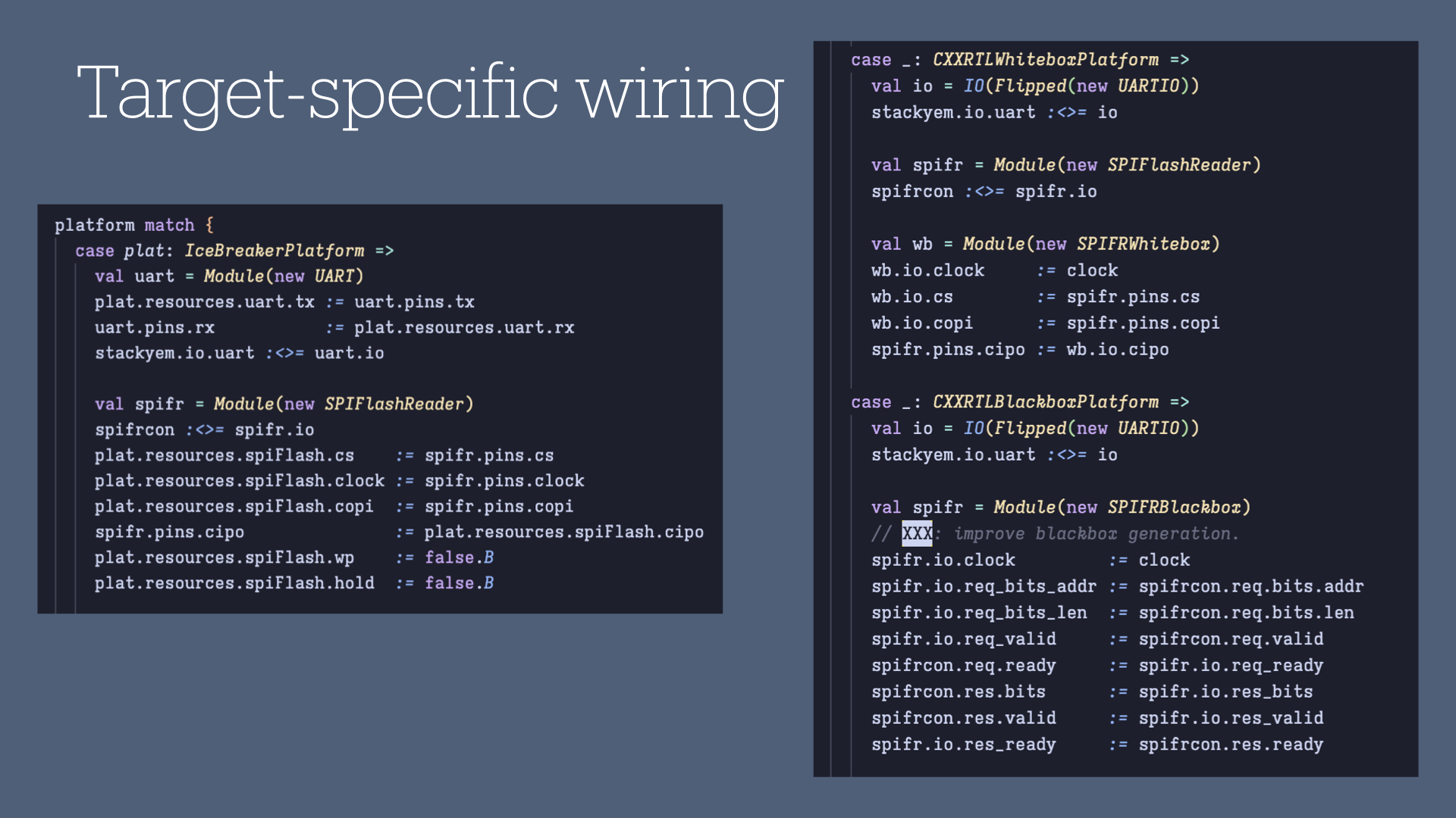 Chisel code sample showing target specific wiring for three platforms: IceBreaker, CXXRTL whitebox, CXXRTL blackbox.
