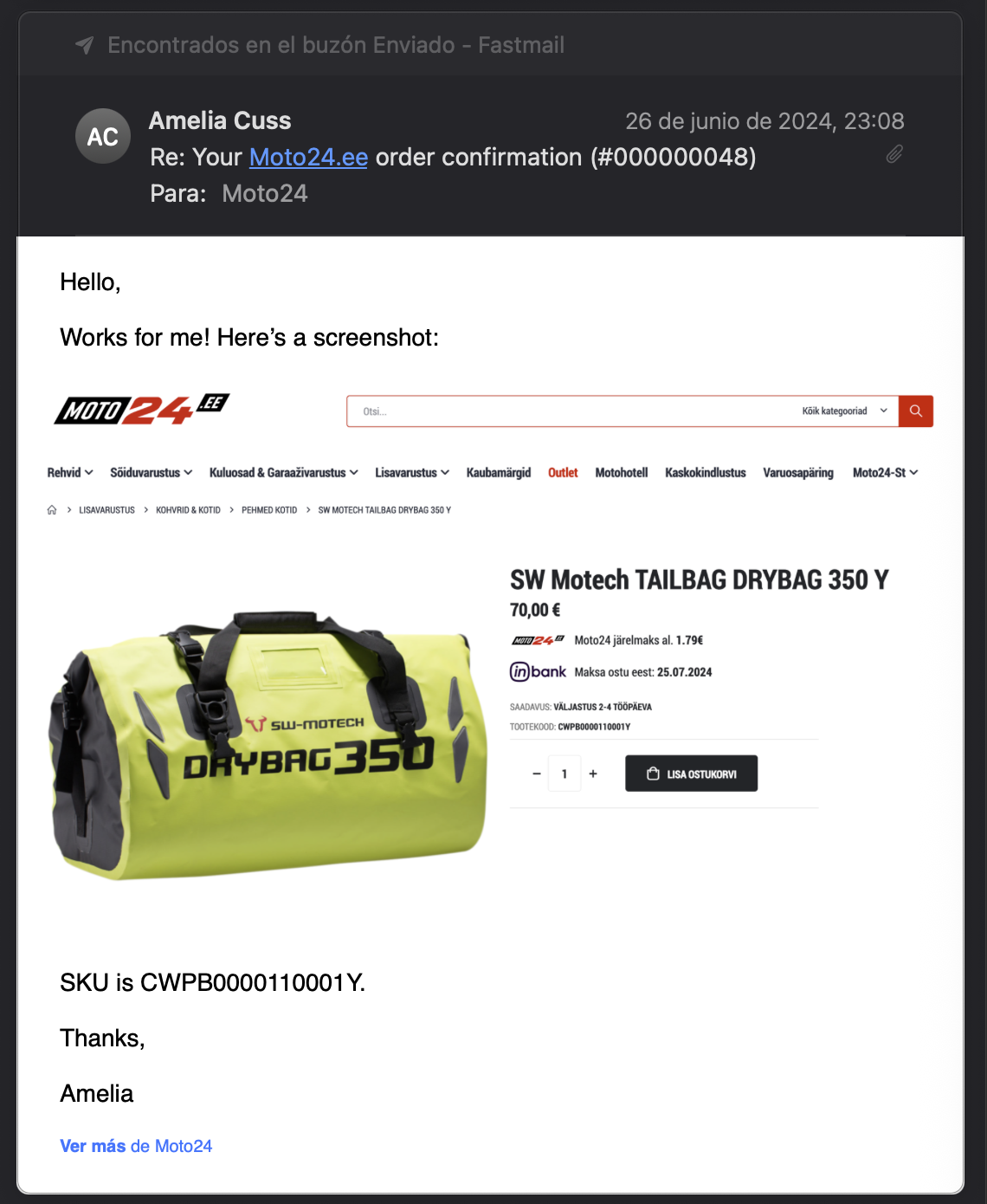 Hello, Works for me! Here’s a screenshot: (picture of a bag on their website showing stock). SKU is (sku).