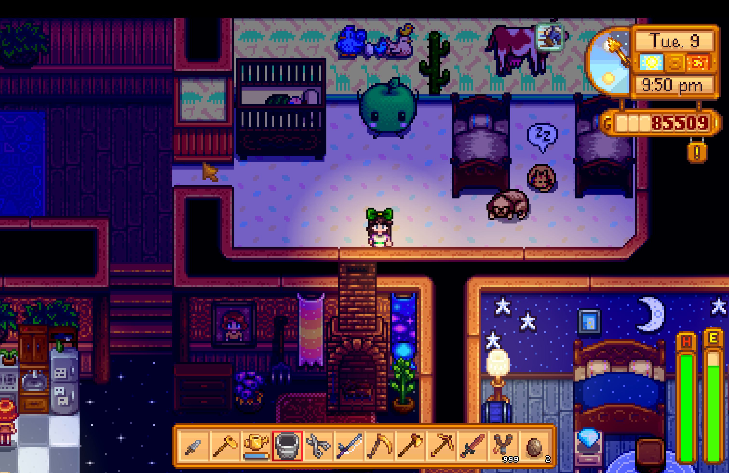 screenshot of stardew valley; it’s 9:50pm, there’s a kitty and doggy sleeping in a nursey, as well a baby in a crib. lots of decorations are about, including a photo of the player character’s wife, who can be seen standing in the kitchen in the corner of the screenshot