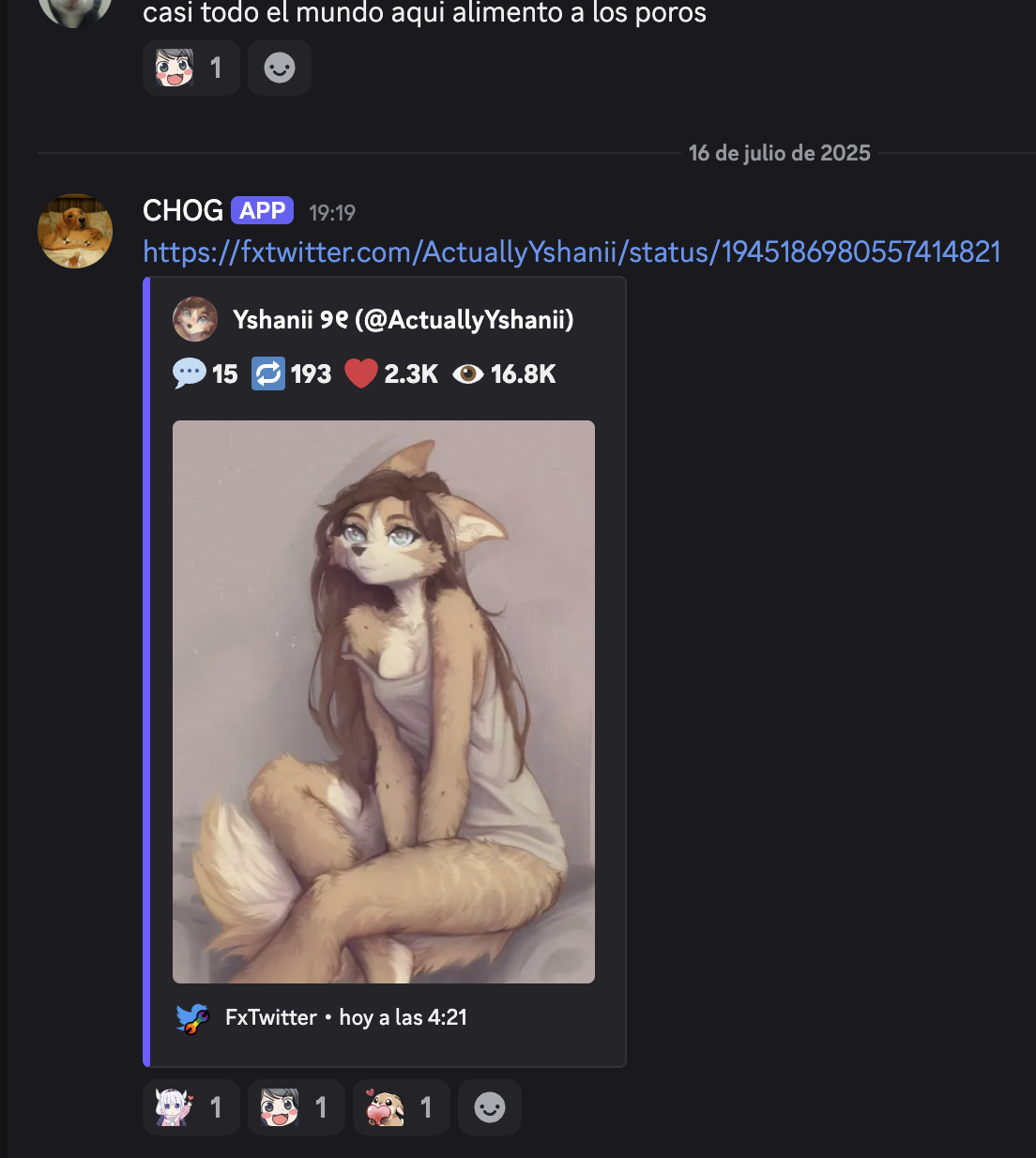 screenshot of discord, showing a bot user named CHOG dropping an fxtwitter link