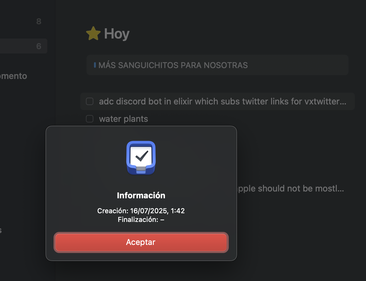 screenshot of a todo app open; there's a lot of other text, but readable is "adc discord bot in elixir which subs twitter links for vxtwitter ...", and that it was created at 1:42 am today
