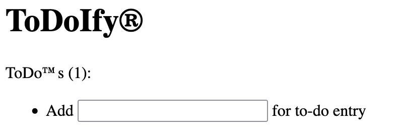 A screenshot of an app called ToDoIfy. One to-do item is listed; it says "Add" — and then there's an empty text box, and then the text — "for to-do entry.