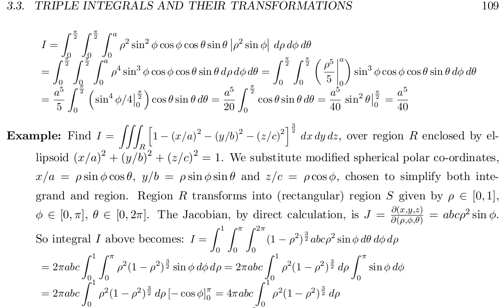 excerpt of maths textbook entitled “Triple Integrals and their Transformations”, with many integral signs and trigonometric functions to follow